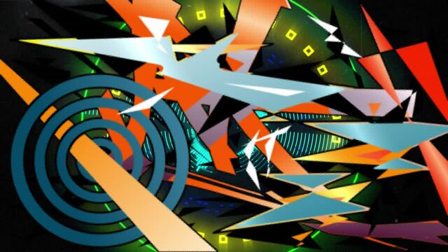 Animation of glowing moving kaleidoscopic shapes and graphics over black background