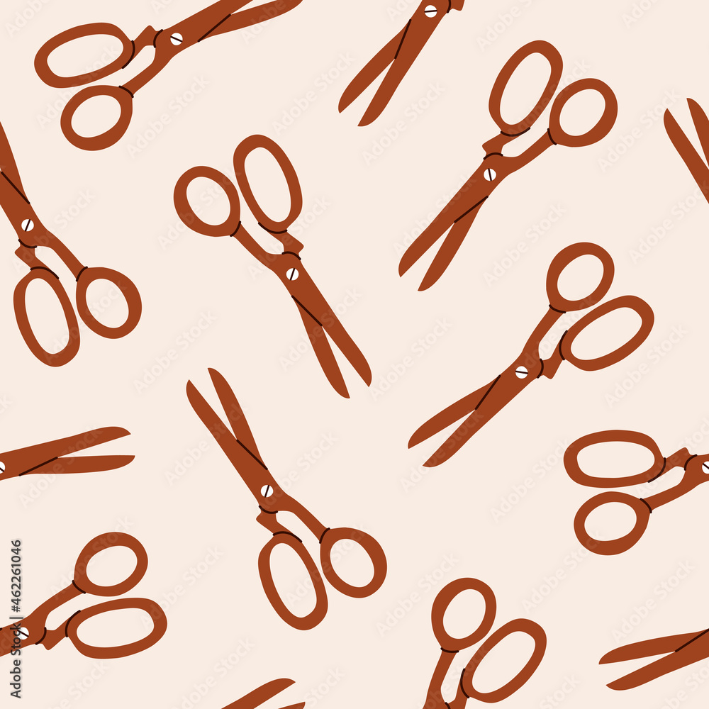 Poster trendy minimal hand drawn seamless pattern with terracotta color scissors on pastel background. simp