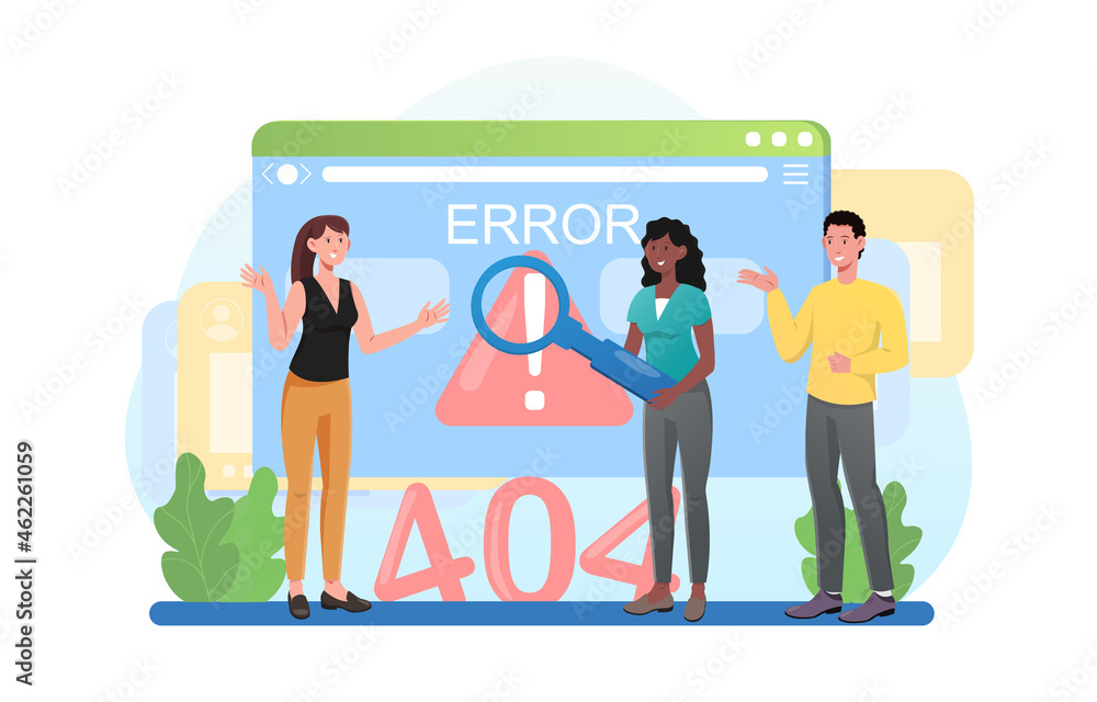 Poster concept of fatal error. men and women trying to find cause of problem.404. technical malfunction of 