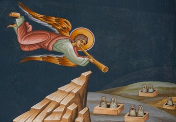 a painting on the wall representing an angel sounding from the trumpet the resurrection of the dead...