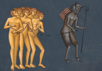 a painting on the wall representing the Devil taking souls to hell, to the Cormaia monastery -...