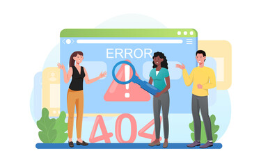 Concept of fatal error. Men and women trying to find cause of problem.404. Technical malfunction of site. Triangle with warning sign. Cartoon flat vector illustration isolated on white background