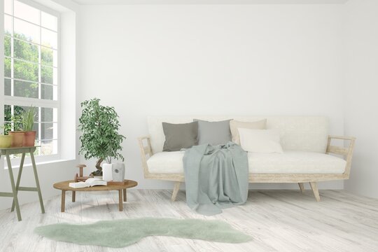 White living room with sofa and summer landscape in window. Scandinavian interior design. 3D illustration