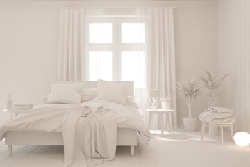 Modern bedroom in white color. Scandinavian interior design. 3D illustration