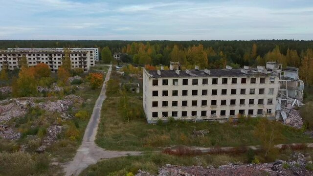 Aerial View of Abandoned Military Ghost Town Irbene in Latvia. Former Super Secret Abandoned Soviet Military Town Irbene in Latvia. Soviet Army Spying Object
