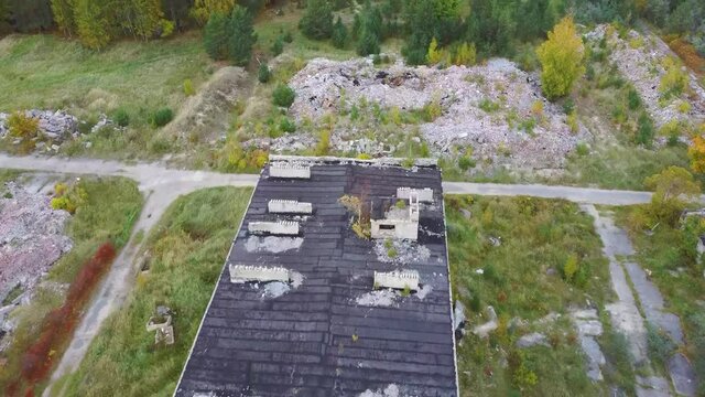 Aerial View of Abandoned Military Ghost Town Irbene in Latvia. Former Super Secret Abandoned Soviet Military Town Irbene in Latvia. Soviet Army Spying Object