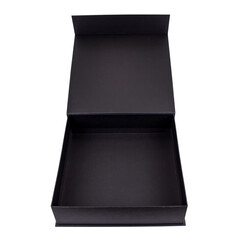 black gift box open with black inside and isolated on white background