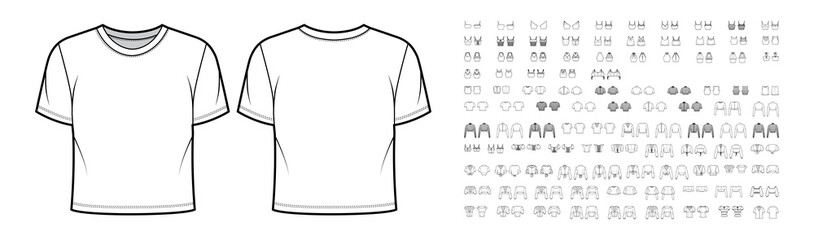 Set of cropped tops, shirts, tanks, blouses technical fashion illustration with fitted oversized body, scoop neck, short long sleeves. Flat apparel template front, back, white color. Women, men unisex