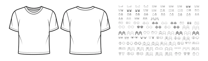 Foto auf Alu-Dibond Set of cropped tops, shirts, tanks, blouses technical fashion illustration with fitted oversized body, scoop neck, short long sleeves. Flat apparel template front, back, white color. Women, men unisex © Vectoressa