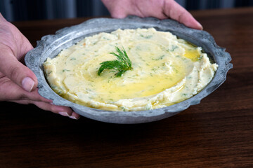 turkish traditional meze food fava on copper plate