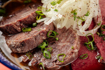 Closeup on japanese kumamoto shio ramen with horse meat