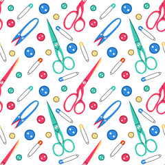 Sewing tools seamless pattern vector illustration. Handcraft materials texture design. Fashion workshop background. Tailor accessories wrapping.