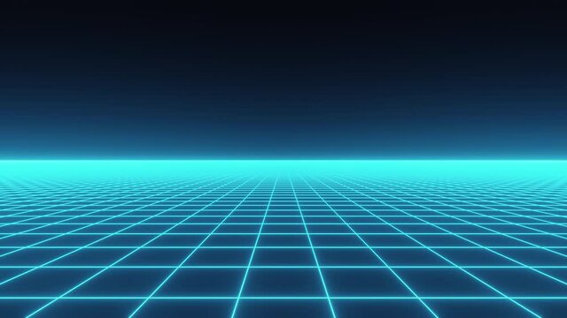 Flying over a 80s retrowave style blue neon grid (electrified field). Retro futuristic animation element.