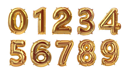 3D Render of Golden inflatable foil baloons set. Bright party decoration figures. Yellow numbers isolated on white background.