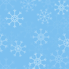 Naklejka na ściany i meble White snowflakes on blue background seamless pattern. Christmas seamless pattern of falling snowflakes in white grey colors with bokeh effect.
