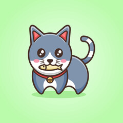 Cute cat with grey and white color biting a fish in green background flat design