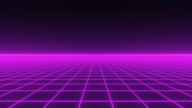 Flying over a 80s retrowave style purple neon grid (electrified field). Retro futuristic animation element.