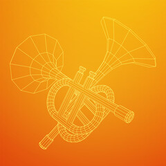 Trumpet pipe fife musiacal instrument. Wireframe low poly mesh vector illustration.