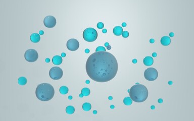 3D Three collagen bubble and Vitamin illustration isolated on blue background. 
concept skin care cosmetics solution. 3d rendering