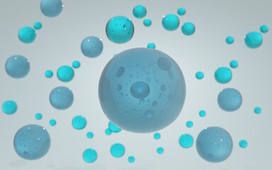 3D Three collagen bubble and Vitamin illustration isolated on blue background. 
concept skin care cosmetics solution. 3d rendering