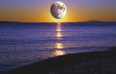 Abstract seaside view with big full moon at the horizon