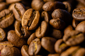 Many roasted coffee beans close up