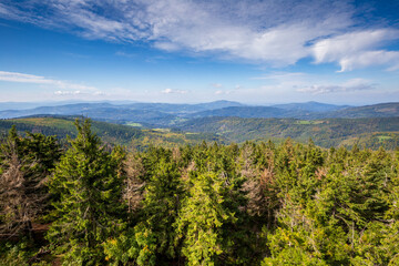 Panorama of Silesian Beskids Mountains from the Barania Gora Mountain on a sunny autumn day
