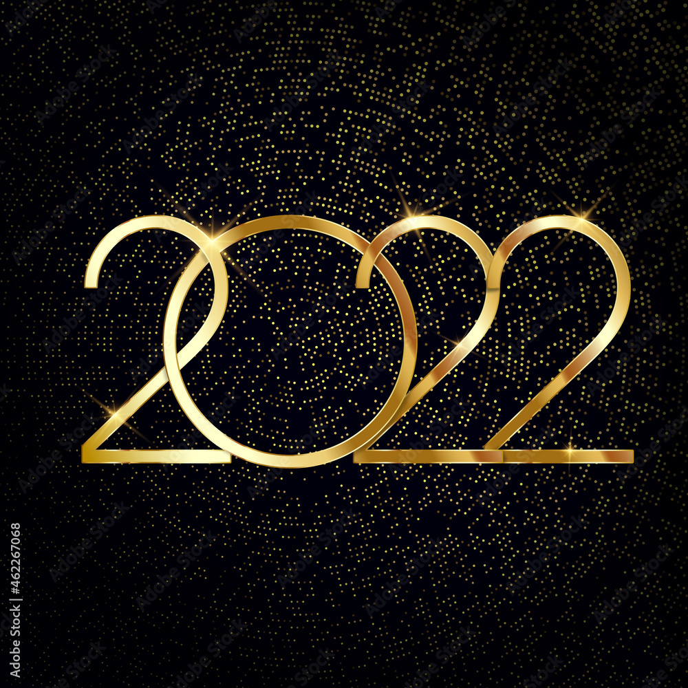 Sticker happy new year 2022 golden text on bright halftone background