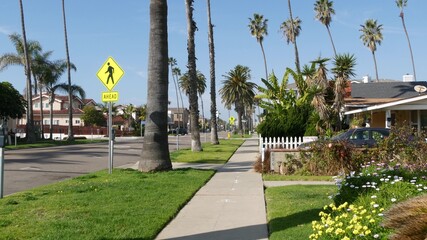 Houses on suburban street in California USA, Oceanside. Generic buildings in residential district near Los Angeles. Real estate property exterior. Tropical gardens, palms near typical american homes.