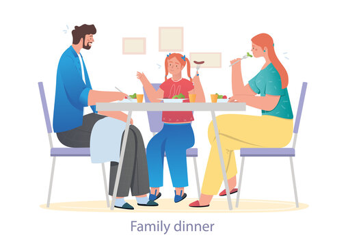 Family sitting at table. Father, mom and daughter have lunch, family dinner. Delicious food, cooking, evening, rest, relaxation. Cartoon flat vector illustration isolated on white background