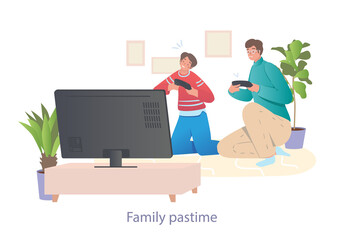 Dad plays with son. Video games, man and child sitting with joysticks in their hands. Joint pastime, relaxation, family, evening, weekend. Cartoon flat vector illustration isolated on white background