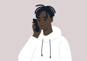A young male Black character talking on the phone, a millennial lifestyle