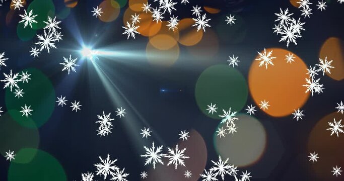 Animation of snow falling over first star and christmas lights bokeh