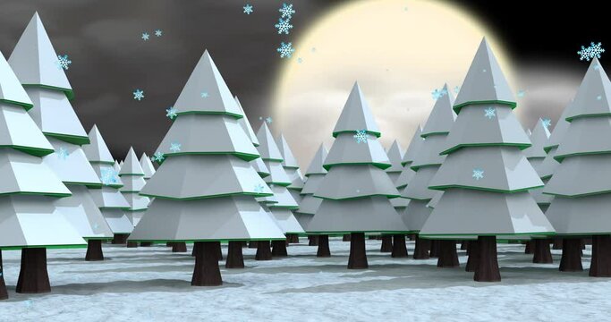 Animation of snow falling over winter scenery