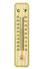 Thermometer mit Celsius und Fahrenheit Temperatur 20 Grad auf weissem Hintergrund