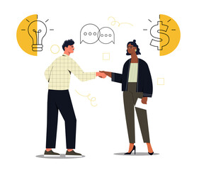 Woman invests money in business. One person offers his idea, second gives his money. Outlook assessment, financial literacy, investment. Cartoon flat vector illustration isolated on white background