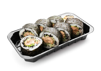 Set of delicious sushi rolls on white background
