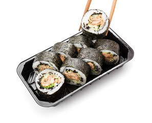 Set of delicious sushi rolls on white background