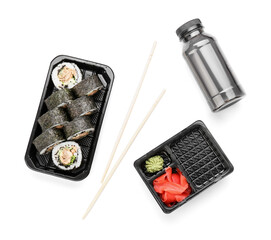 Composition with set of tasty sushi rolls on white background