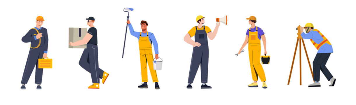 Set of workers. Collection of images with handymen. Many professions. Builder, courier, painter, electrician, plumber. Different instruments. Cartoon vector illustration isolated on white background