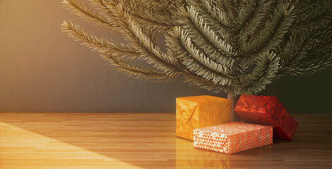 Christmas gifts are at home under the tree in the morning on a sunny day, bright warm 3D illustration about the new year