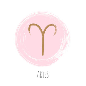 Round rosy pink gold Aries zodiac symbol vector, hand painted coral color horoscope sign. Circle astrological icon isolated. Aries astrology zodiac sign clip art on white background.