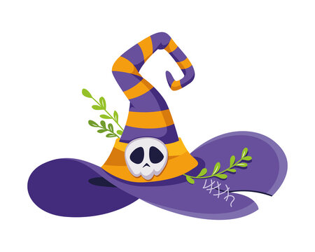 Witch hat with skull for halloween. Cartoon vector illustration