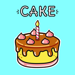 Funny cute Cake. Vector hand drawn cartoon kawaii character illustration icon. Isolated on blue background. Cute Cake mascot 