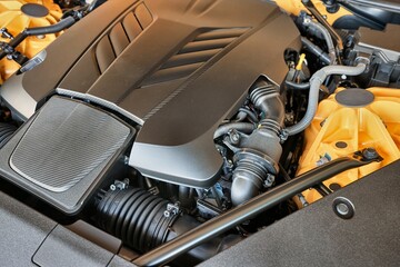 Car Engine Bay, powerful V8 sport coupe