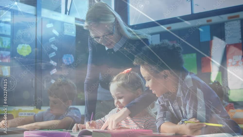 Wall mural Animation of network of connections over teacher and school children