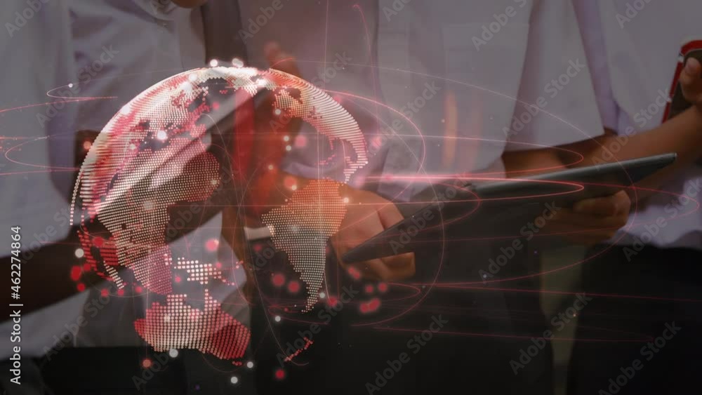 Poster animation of network of connections with globe over school children using tablets