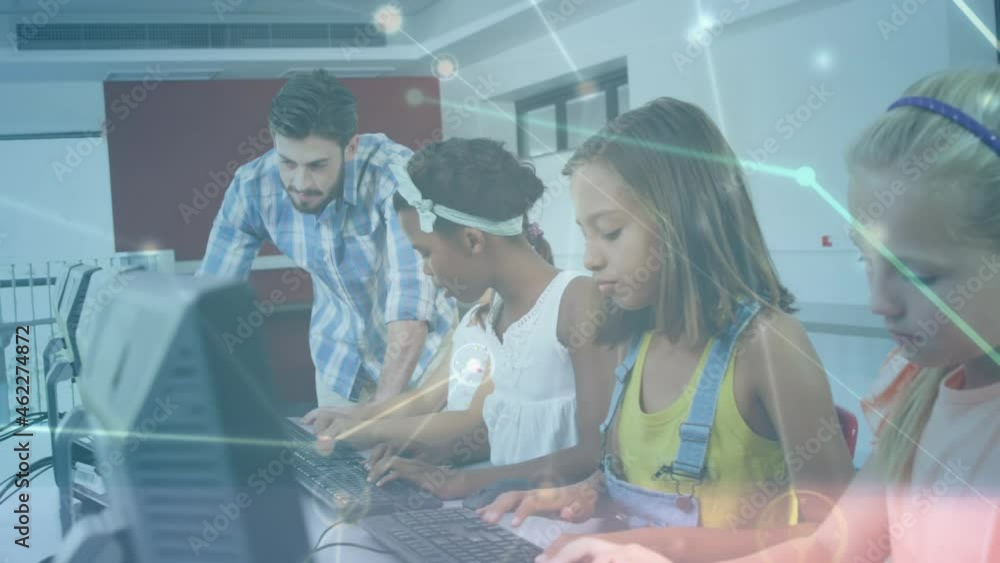 Poster animation of network of connections over teacher and school children using computers