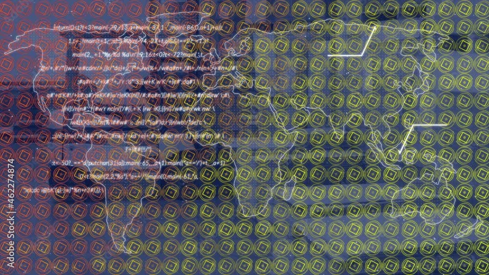 Poster Animation of data processing with pattern over world map in background
