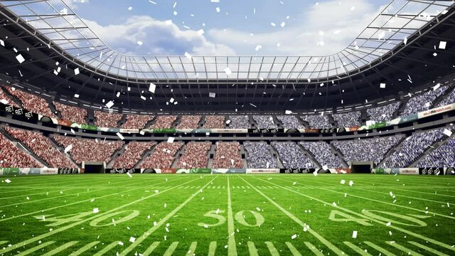 Animation of confetti falling over sports stadium